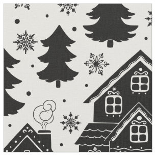 Niedliche Schwarz-weiße Weihnachtshäuser Pinienb Stoff