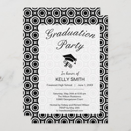 Niedliche Schwarz-weiße Zickzackzirkulation Gradui Einladung (Vorne/Hinten)