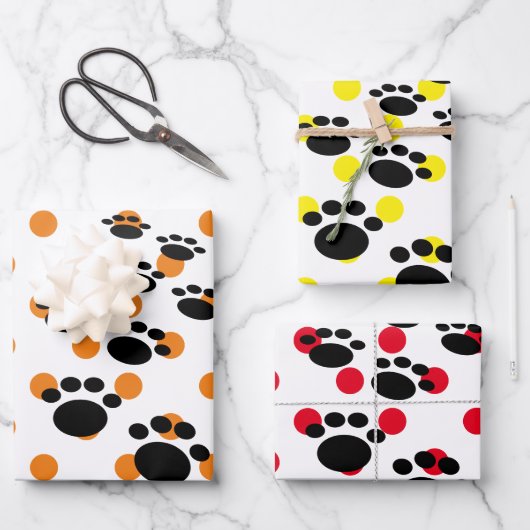Niedliche schwarze Cartoon-Pet-Paws und Polka-Dock Geschenkpapier Set (Vorderseite)