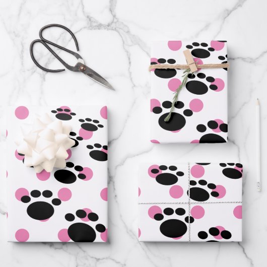 Niedliche schwarze Cartoon-Pet-Paws und Polka-Dock Geschenkpapier Set (Vorderseite)