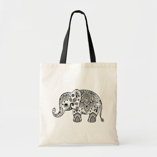 Niedliche Schwarze Flora Paisley Elephant Illustra Tragetasche (Vorne)