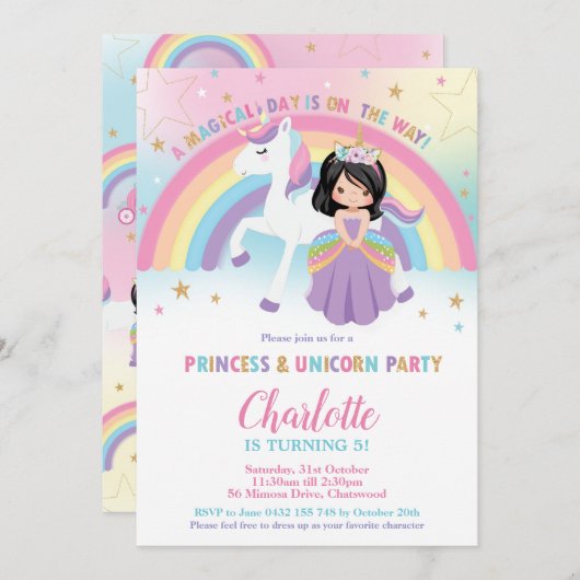 Niedliche Schwarze Haare Prinzessin Unicorn Rainbo Einladung (Vorne/Hinten)