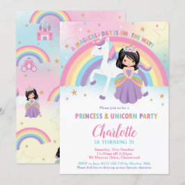 Niedliche Schwarze Haare Prinzessin Unicorn Rainbo Einladung