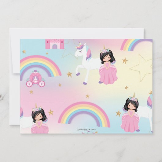 Niedliche Schwarze Haare Prinzessin Unicorn Rainbo Einladung (Rückseite)