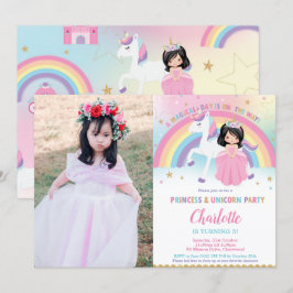Niedliche Schwarze Haare Prinzessin Unicorn Rainbo Einladung