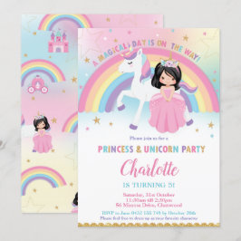 Niedliche Schwarze Haare Prinzessin Unicorn Rainbo Einladung