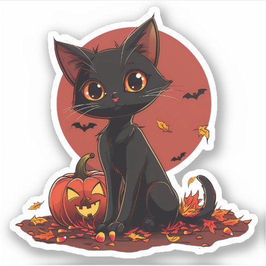Niedliche Schwarze Halloween Katze mit Jack-o-Lant Aufkleber (Vorderseite)