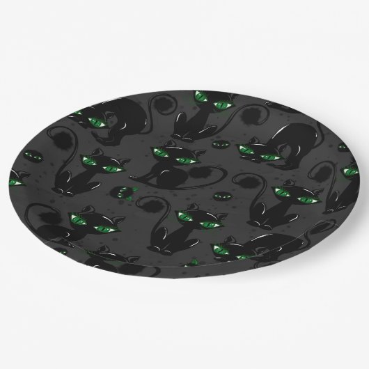 NIEDLICHE SCHWARZE HALLOWEEN KATZEN MIT GRÜNEN AUG PAPPTELLER (Schrägansicht)