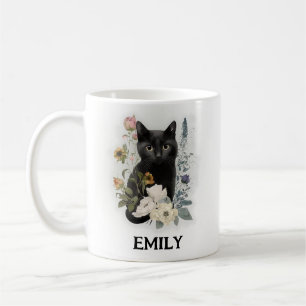 Niedliche schwarze Katze Aquarell Blumen Name Kaffeetasse