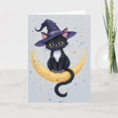 Niedliche Schwarze Katze auf Crescent Moon Hallowe Karte (Vorderseite)