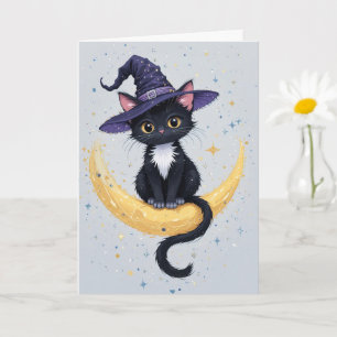 Niedliche Schwarze Katze auf Crescent Moon Hallowe Karte