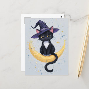 Niedliche Schwarze Katze auf Crescent Moon Hallowe Postkarte