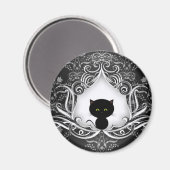 Niedliche schwarze Katze auf Damask Magnet (Vorderseite/Rückseite)