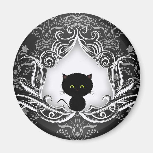 Niedliche schwarze Katze auf Damask Magnet (Vorne)