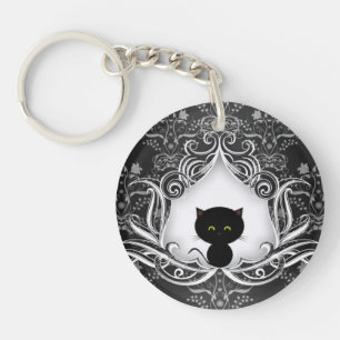 Niedliche schwarze Katze auf Damask Schlüsselanhänger