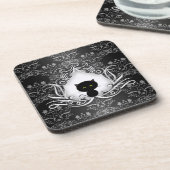 Niedliche schwarze Katze auf Damask Untersetzer (Linke Seite)