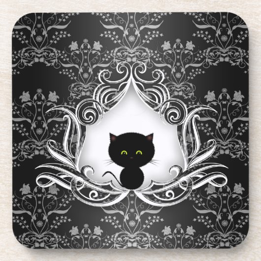 Niedliche schwarze Katze auf Damask Untersetzer (Vorderseite)