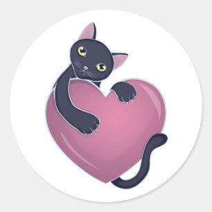 Niedliche Schwarze Katze auf das große Herz Runder Aufkleber