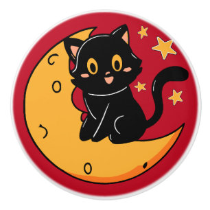 Niedliche schwarze Katze auf dem Mond Keramikknauf