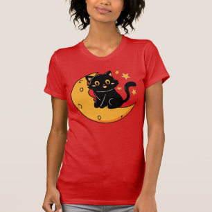 Niedliche schwarze Katze auf dem Mond T-Shirt
