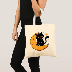 Niedliche schwarze Katze auf dem Mond Tragetasche