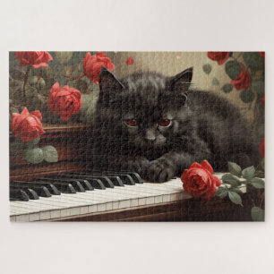 Niedliche schwarze Katze auf Klavier Puzzle
