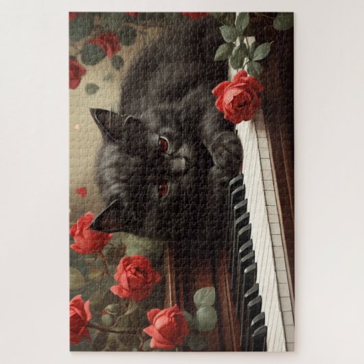 Niedliche schwarze Katze auf Klavier Puzzle (Vertikal)