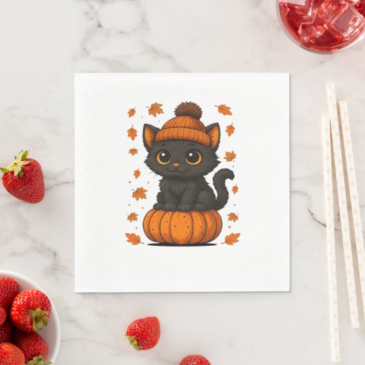 Niedliche schwarze Katze auf Pumpkin Fall Ästhetik Serviette (Beispiel)