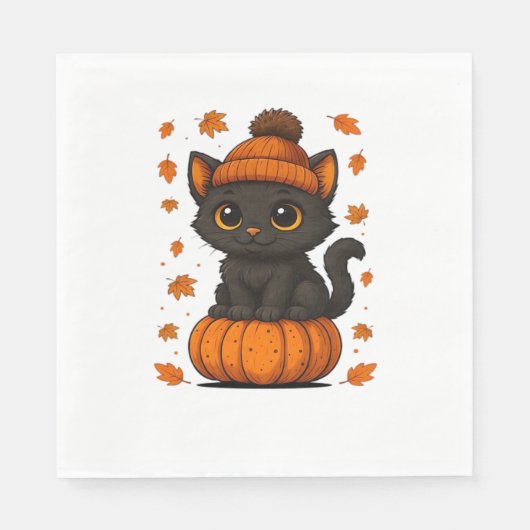 Niedliche schwarze Katze auf Pumpkin Fall Ästhetik Serviette (Vorderseite)