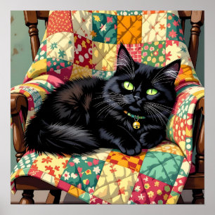 Niedliche schwarze Katze auf Rockstuhl Poster