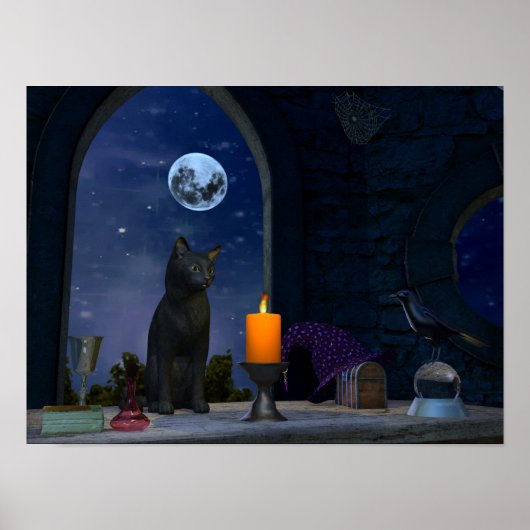 Niedliche schwarze Katze bei Kerzenlicht Poster (Vorne)