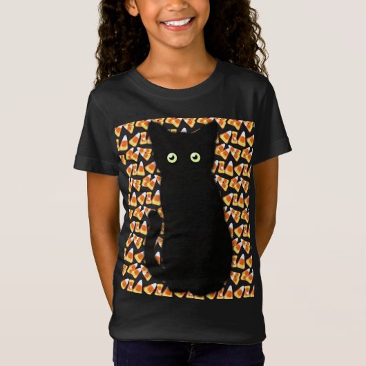 Niedliche Schwarze Katze Candy Mais Muster Hallowe T-Shirt (Vorderseite)