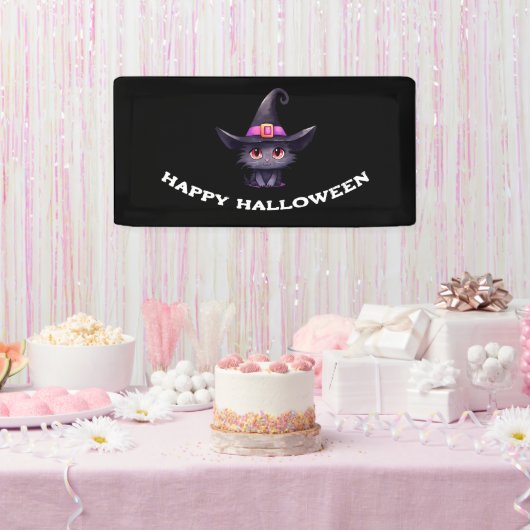 Niedliche Schwarze Katze, die ein Hexenhutehl träg Banner (Party)