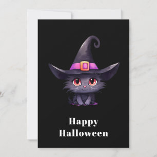 Niedliche Schwarze Katze, die ein Hexenhutehl träg Feiertagskarte