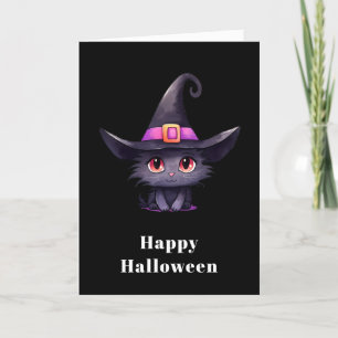 Niedliche Schwarze Katze, die ein Hexenhutehl träg Feiertagskarte