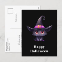 Niedliche Schwarze Katze, die ein Hexenhutehl träg