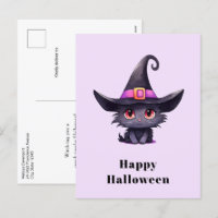 Niedliche Schwarze Katze, die ein Hexenhutehl träg