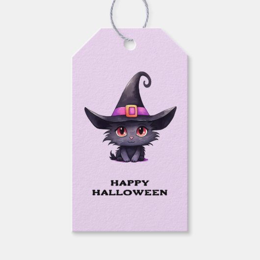 Niedliche Schwarze Katze, die ein Hexenhutehl träg Geschenkanhänger (Vorderseite)