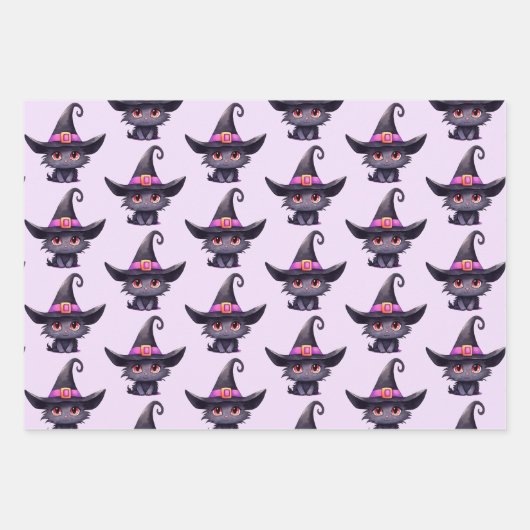 Niedliche schwarze Katze, die ein Hexenhutmuster t Geschenkpapier Set (Vorderseite 3)