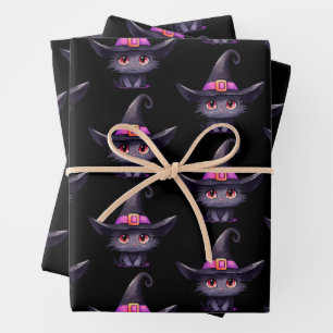 Niedliche schwarze Katze, die ein Hexenhutmuster t Geschenkpapier Set