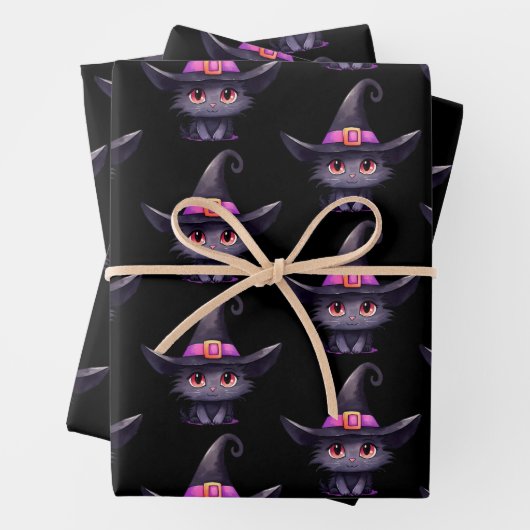Niedliche schwarze Katze, die ein Hexenhutmuster t Geschenkpapier Set (Beispiel)