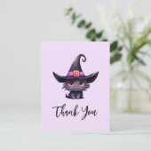 Niedliche schwarze Katze, die einen Hexenhut trägt Postkarte (Stehend Vorderseite)