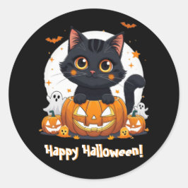 Niedliche Schwarze Katze Halloween-Aufkleber | Kaw Runder Aufkleber
