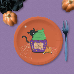 Niedliche schwarze Katze Halloween-Orangenpapierpl Pappteller