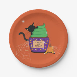 Niedliche schwarze Katze Halloween-Orangenpapierpl Pappteller