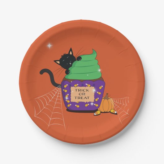 Niedliche schwarze Katze Halloween-Orangenpapierpl Pappteller (Vorderseite)
