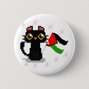 niedliche schwarze Katze hält Palästinenserflagge Button