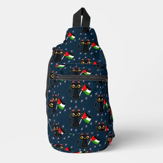 niedliche schwarze Katze hält Palästinenserflagge Crossbody Bag (Vorderseite)