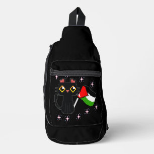 niedliche schwarze Katze hält Palästinenserflagge Crossbody Bag