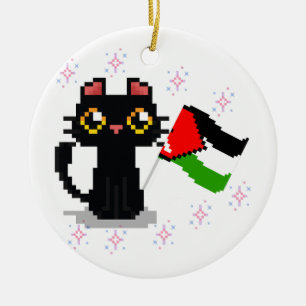 niedliche schwarze Katze hält Palästinenserflagge Keramik Ornament
